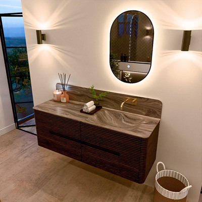 Mondiaz CIRO-DLUX Badkamermeubelset - 140x45x50cm - Solid surface wastafel Sombra - 1 wasbak Rechts - zonder kraangaten - 4 lades - Walnut