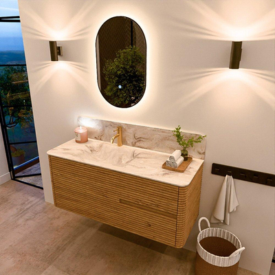 Mondiaz CIRO-DLUX Ensemble de meubles de salle de bains - 120x45x50cm - lavabo en solid surface Frappe - 1 vasque à gauche - 1 trou de robinet - 2 tiroirs - Chêne