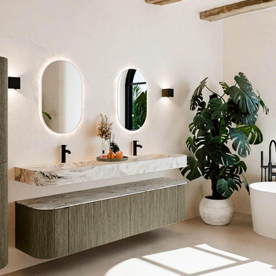 MONDIAZ THOR-DLUX Meuble de salle de bains 190cm arrondi gauche + droite couleur Shadow avec 2 tiroirs et 2 portes. Vasque suspendue CLOUD Double 2 trous de robinet couleur Glace.