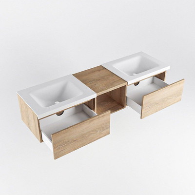 MONDIAZ BUKLA 160cm meuble de salle de bain avec module ouvert 40 couleur Chêne blanchi avec 2 tiroirs. Lavabo CLOUD double 2 trous de robinet couleur Talc.