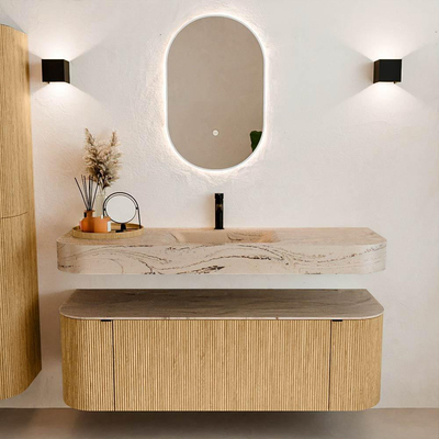 MONDIAZ THOR-DLUX 140cm badmeubel ronding links + rechts kleur Oak met 1 lade en 2 deuren. Vrijhangende wastafel CLOUD Midden 1 kraangat kleur Arena.