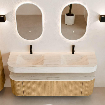 MONDIAZ THOR-DLUX 160cm badmeubel ronding links + rechts kleur Oak met 1 lade en 2 deuren. Vrijhangende wastafel CLOUD Dubbel 2 kraangaten kleur Meli.