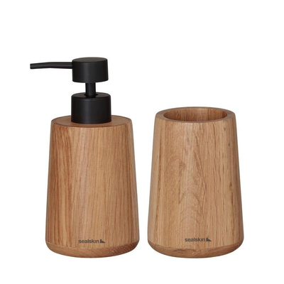 Sealskin Terre Ensemble de salle de bain - Distributeur de savon 150 ml - Gobelet à brosse à dents - Chêne