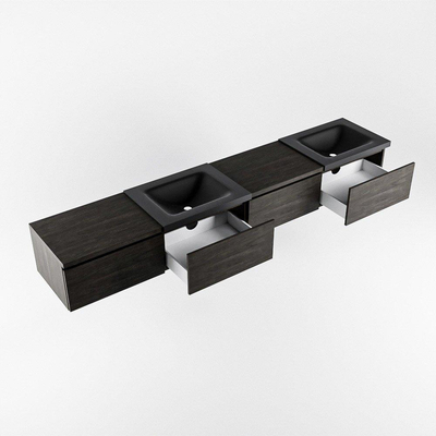 MONDIAZ BUKLA Meuble de salle de bains 240cm avec module 60 gauche couleur Dark Brown avec 4 tiroirs. Lavabo CLOUD double 0 trous de robinet couleur Urban.