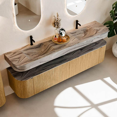 MONDIAZ THOR-DLUX 200cm meuble de salle de bains arrondi gauche + droite couleur Oak avec 2 tiroirs et 2 portes. Vasque suspendue CLOUD Double 2 trous de robinet couleur Sombra.