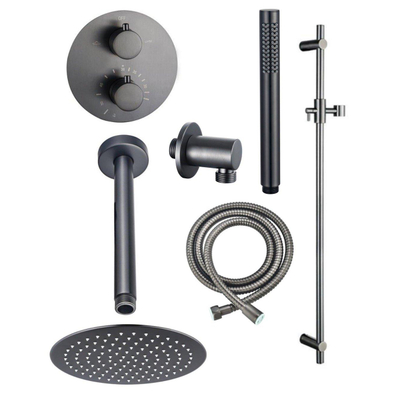 Fortifura Calvi Inbouw Regendoucheset - rond - thermostatisch - plafondarm - glijstang - 25cm hoofddouche - staaf handdouche - metalen doucheslang - Geborsteld Gunmetal PVD
