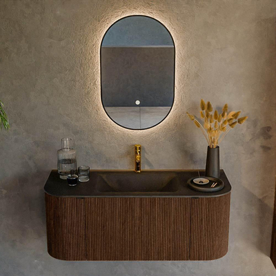 MONDIAZ KURVE 110cm badmeubel met module 25 Len R kleur Walnut met 1 lade en 2 deuren. Wastafel CLOUD midden 1 kraangat Urban.