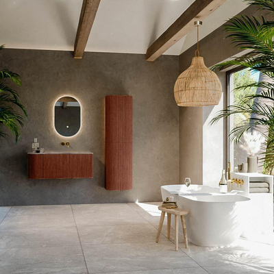 MONDIAZ KURVE-DLUX Meuble de salle de bains 105cm arrondi à gauche couleur Ruby avec 1 tiroir et 1 porte. Vasque BIG SMALL à droite sans trou de robinet Sombra.