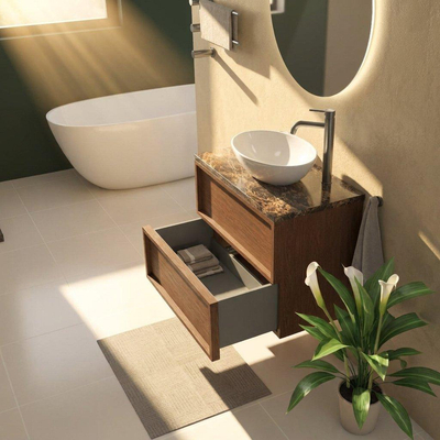 Saniclass Holz Frame Ensemble meuble de salle de bains - 80x45x63cm - Plan de travail en pierre naturelle Noche dark emperador - 1 trou de robinet - 2 tiroirs - walnut pure mat (bois)