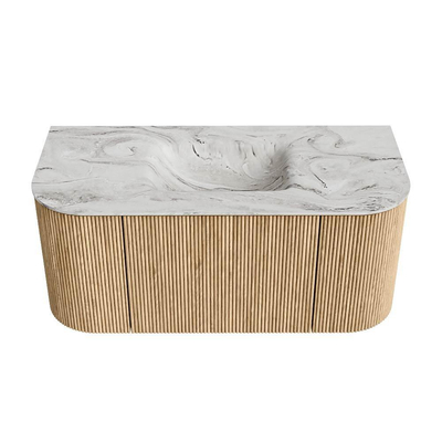 MONDIAZ KURVE-DLUX 100cm Meuble salle de bain avec module 25 G et D - couleur Oak - 1 tiroir - 2 portes - vasque GRUNNE centre - sans trou de robinet - couleur Glace