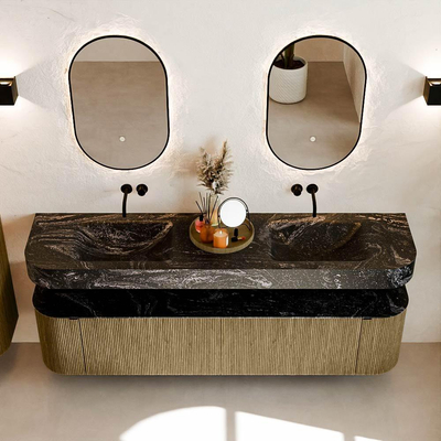 MONDIAZ THOR-DLUX 190cm meuble de salle de bains arrondi gauche + droite couleur Dusk avec 2 tiroirs et 2 portes. Vasque suspendue CLOUD Double sans trou de robinet couleur Lava.