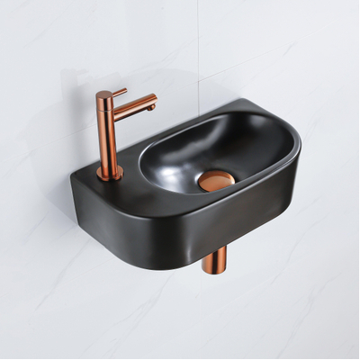 Fugaflow Efficiente Pietra Ensemble de fontaine - 40x21,5x12cm - gauche - lisse - demi-rond - 1 trou de robinet - céramique - robinet de fontaine cuivre brossé - bouchon d'évacuation - siphon abaissé - noir mat