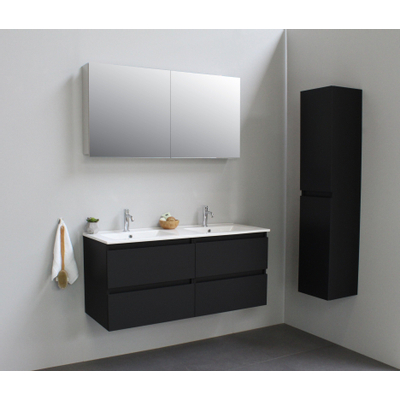 Basic Bella Meuble salle de bains avec lavabo céramique Blanc avec armoire toilette 2 portes gris 120x55x46cm 2 trous de robinet Noir mat