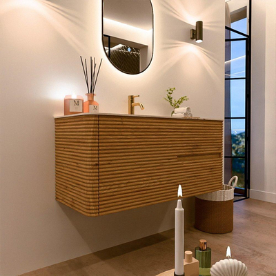 Mondiaz CIRO-DLUX Meuble de salle de bains - 110x45x50cm - Plan vasque solid surface Nata - 1 lavabo Central - 1 trou de robinet - 2 tiroirs - Chêne