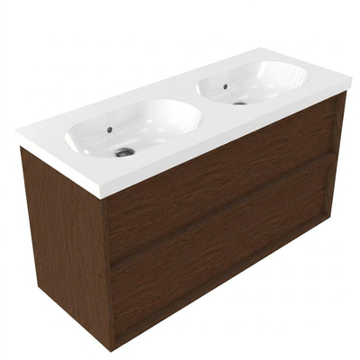 Saniclass Holz Frame Ensemble de meuble de salle de bains - 120x45x63.5cm - lavabo en céramique Palermo blanc - 2 vasques - sans trous de robinetterie - 2 tiroirs - walnut pure mat (bois)