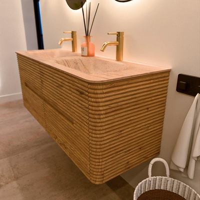 Mondiaz CIRO-DLUX Meuble de salle de bains - 130x45x50cm - Plan vasque solid surface Saba - 2 vasques double - 2 trous de robinetterie - 4 tiroirs - Chêne