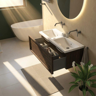 Saniclass Holz Frame Ensemble meuble de salle de bains - 120x45x43.5cm - Bari lavabo en céramique blanc - 2 vasques - sans trous de robinetterie - 1 tiroir - chêne charcoal mat (bois)