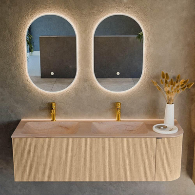 MONDIAZ KURVE-DLUX Meuble de salle de bains 145cm arrondi à droite couleur Oak avec 1 tiroir et 1 porte. Plan-vasque LEAF Double / Gauche 2 trous de robinet Saba.