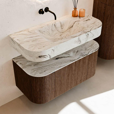 MONDIAZ THOR-DLUX 100cm meuble de salle de bains arrondi gauche + droite couleur Walnut avec 1 tiroir et 2 portes. Vasque suspendue CLOUD Milieu sans trou de robinet couleur Glace.