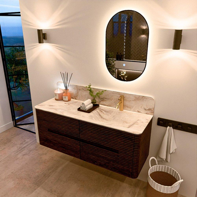 Mondiaz CIRO-DLUX Meuble de salle de bains - 130x45x50cm - Vasque solid surface Frappe - 1 lavabo à droite - 1 trou de robinet - 4 tiroirs - Noyer