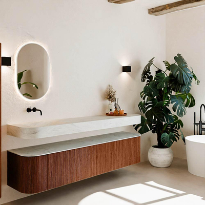 MONDIAZ THOR-DLUX 200cm meuble de salle de bains arrondi gauche + droite couleur Ruby avec 2 tiroirs et 2 portes. Vasque suspendue CLOUD Gauche sans trou de robinet couleur Opalo.