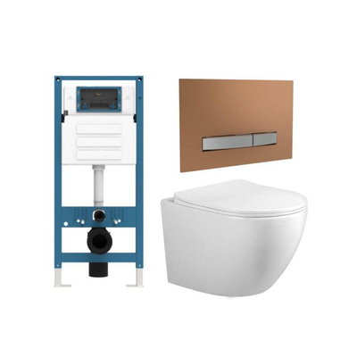 FugaFlow Eccelente Press – Ensemble WC – 56 × 38 × 35 cm – à évacuation profonde – sans bride – réservoir encastré – fermeture amortie (soft-close) – déclipsage rapide (quick release) – abattant WC – plaque de commande métallique en cuivre brossé – blanc