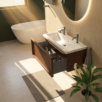 Saniclass Holz Frame Ensemble de meubles de salle de bains - 100x45x43.5cm - Lavabo Bari en céramique blanc - 1 vasque - 2 trous de robinetterie - 1 tiroir - walnut pure mat (bois)