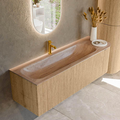 MONDIAZ KURVE-DLUX Meuble de salle de bains 145cm arrondi à droite couleur chêne avec 1 tiroir et 1 porte. Lavabo BIG LARGE à gauche 1 trou de robinet Saba.