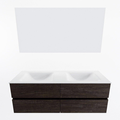 Mondiaz VICA ensemble de meuble de salle de bain - 140cm - meuble sous-vasque marron foncé - 4 tiroirs - lavabo cloud double - sans trous de robinet - couleur talc - miroir LED - version XL 60cm de haut