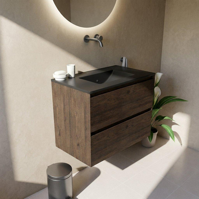 Saniclass Holz Pure Ensemble meuble de salle de bains - 80x45x62cm - lavabo Vygo en céramique noir - 1 vasque - sans trou de robinet - 2 tiroirs - chêne charcoal mat (bois)
