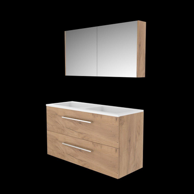 Basic-Line ensemble de meubles de salle de bain comfort 46 120x46cm avec poignées 2 tiroirs vasque acrylique 0 trous de robinetterie armoire de toilette mfc whisky oak