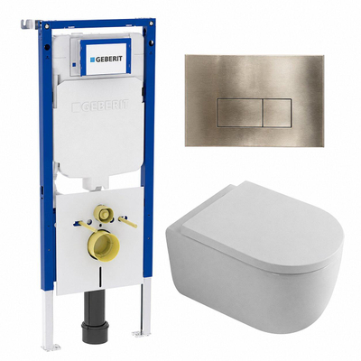 QeramiQ Dely Swirl Pack WC - 36.3x51.7cm - à fond creux - sans bride - réservoir encastré Geberit UP720 Duofix Sigma - assise 35mm - plaque de déclenchement en laiton brossé - boutons rectangulaires - blanc mat