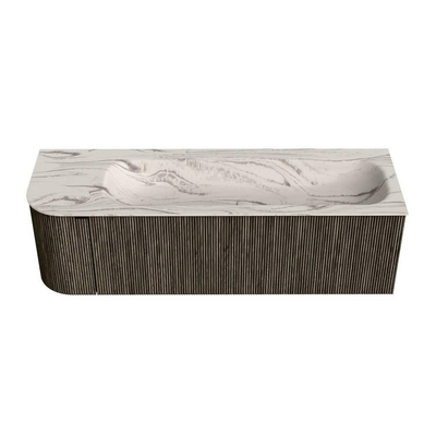 MONDIAZ KURVE-DLUX Meuble de salle de bains 145 cm arrondi à gauche couleur Shadow avec 1 tiroir et 1 porte. Lavabo BIG LARGE à droite 1 trou de robinet Nata.