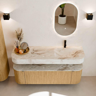 MONDIAZ THOR-DLUX 150cm badmeubel ronding links + rechts kleur Oak met 1 lade en 2 deuren. Vrijhangende wastafel CLOUD Rechts 1 kraangat kleur Frappe.