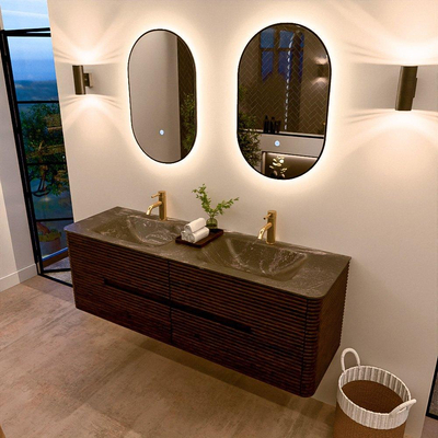Mondiaz CIRO-DLUX Ensemble de meubles de salle de bains - 150x45x50cm - Lavabo solid surface Lava - 2 vasques double - 2 trous de robinet - 4 tiroirs - Noyer