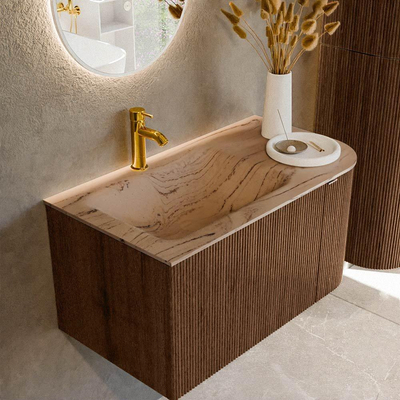 MONDIAZ KURVE-DLUX Meuble de salle de bains 85cm arrondi à droite couleur Walnut avec 1 tiroir et 1 porte. Lavabo CLOUD à gauche 1 trou de robinet Arena.