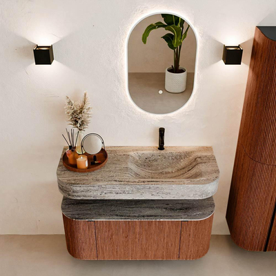 MONDIAZ THOR-DLUX 110cm meuble de salle de bains arrondi gauche + droite couleur Ruby avec 1 tiroir et 2 portes. Vasque suspendue CLOUD Droite 1 trou de robinet couleur Oza.