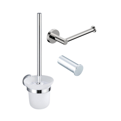 FugaFlow Eccelente Ensemble accessoires WC 3 pièces - porte-rouleau sans couvercle - brosse WC - crochet à serviette simple rond - Chrome