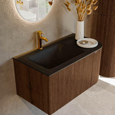 MONDIAZ KURVE 85cm badmeubel met module 25 R kleur Walnut met 1 lade en 1 deur. Wastafel CLOUD links 1 kraangat Urban.