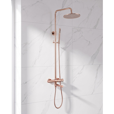 Fortifura Calvi Regendoucheset - thermostatisch - 25cm hoofddouche - metalen slang - staaf handdouche - draaibare baduitloop - PVD - geborsteld koper