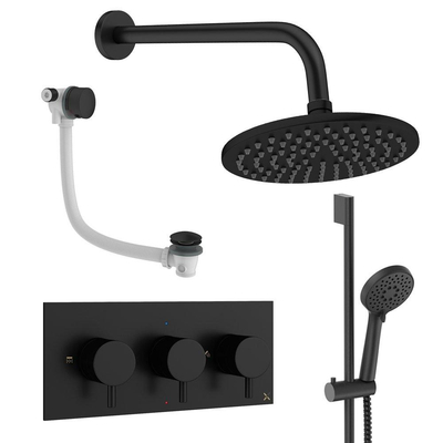 Crosswater MPRO inbouw regendoucheset – Ø20 cm hoofddouche – ronde handdouche – 3 hendels – badafvoer – zwart mat