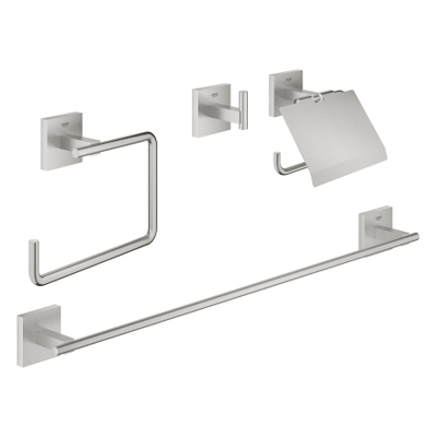 Grohe Start Cube accessoireset 4-in-1 - closetrolhouder - met klep - handdoekhaak - handdoekring - handdoekhouder 60cm - Supersteel (RVS)