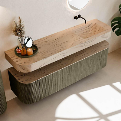 MONDIAZ THOR-DLUX Meuble de salle de bains 170cm arrondi gauche + droite couleur Shadow avec 1 tiroir et 2 portes. Vasque suspendue CLOUD Droite sans trou de robinet couleur Arena.