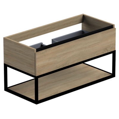 Thebalux Type wastafelonderkast 1lades 1 x lade zwart frame 1 x greeplijst mat zwart Type 1 en 5 wand MDF spaanderplaat metaal brandy met Cube wastafel 101x46x12cm 1 kraangat met wasbak rechthoek keramiek wit mat SHOWROOMMODEL