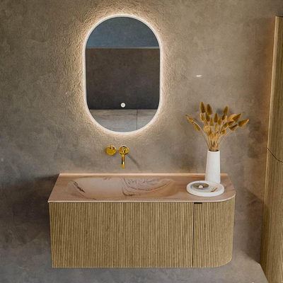 MONDIAZ KURVE-DLUX Meuble de salle de bains 105cm arrondi à droite couleur Dusk avec 1 tiroir et 1 porte. Lavabo BIG SMALL à gauche sans trou de robinet Arena.