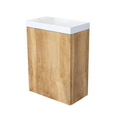 Arcqua Marble fontein – 40x22x54.5 cm – wit glans – zonder kraan – eiken frame naturel, zonder overloop