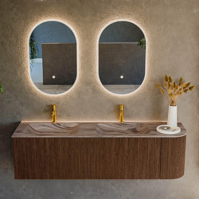 MONDIAZ KURVE-DLUX meuble de salle de bains 155cm arrondi à droite couleur Walnut avec 2 tiroirs et 1 porte. Lavabo LEAF double / gauche 2 trous de robinet Sombra.