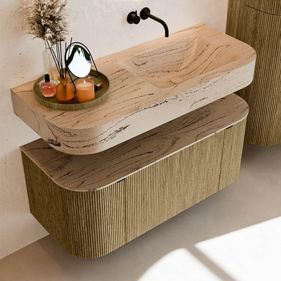 MONDIAZ THOR-DLUX 110cm meuble de salle de bains arrondi gauche + droite couleur Dusk avec 1 tiroir et 2 portes. Vasque suspendue CLOUD droite sans trou de robinet couleur Arena.