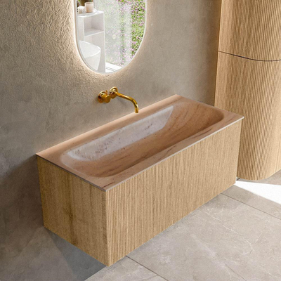 MONDIAZ KURVE-DLUX 100cm badmeubel kleur Oak met 1 lade en 0 deuren. Wastafel BIG MEDIUM Midden zonder kraangat Saba.