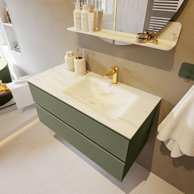 Mondiaz VICA-DLUX Ensemble de meuble de salle de bain - 100cm - meuble sous-vasque armée - 2 tiroirs - lavabo encastré nuage droite - 1 trou de robinet - version haute 60cm - opalo